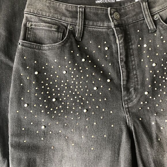 INC Denim Jeans Women's High Rise Flare Black Wash Rhinestones Studded at front - Picture 14 of 16